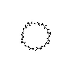 Vector hand drawn object, round frame with flowers and leaves.