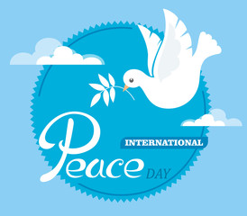 Peace dove with an olive branch for the International  Peace Day poster. Flat design. Vector.