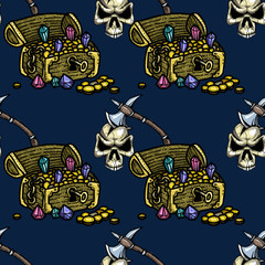 treasure chest and skull with axe in it seamless pattern
