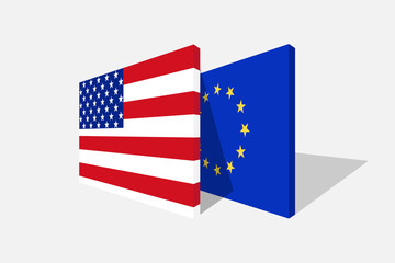 USA and EU flags in 3d perspective with transparent shadow.Symbol of american and european relationship.