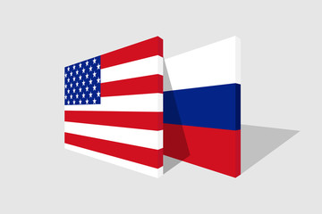 USA and Russia flags in 3d perspective with transparent shadow.Symbol of american and russian relationship.