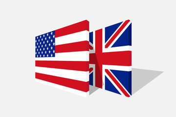 USA and UK flags in 3d perspective with transparent shadow.Symbol of american and britain relationship.
