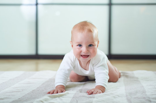 Portrait of a cute 6 months baby boy crawling on the floor