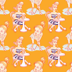 woman playing golf and drinking cocktail seamless pattern