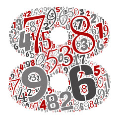 Vector conceptual red, gray and black playful funny education font made of number collection or group on character shapes isolated on white background. A modern art alphabet learning element design