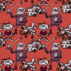 grandpa, kid, bus and airplane seamless pattern