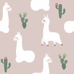 Seamless pattern. Cute llama and cactus.