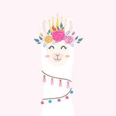 Cute llama head with flower crown. 