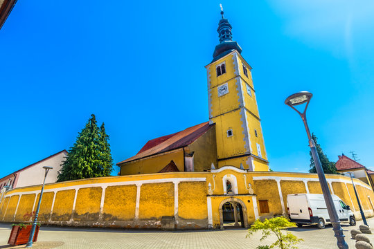 Ludbreg catholic church landmark. / Scenic view at yellow church in famous catholic shrine Ludbreg, croatian travel destinations.