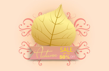 hand writing  Autumn text  border gold leaves, Banner premium on pink background
