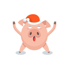 Funny merry pig in Santa Claus hat, a character for greeting cards and advertising for Christmas and New Year.
