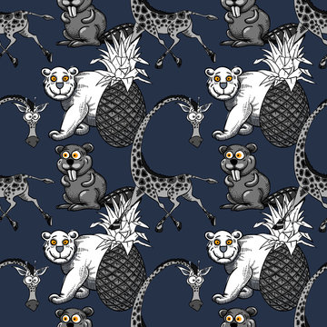 Giraffe, Pineapple And White Bear, Beaver Seamless Pattern