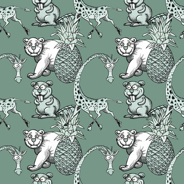 Giraffe, Pineapple And White Bear, Beaver Seamless Pattern