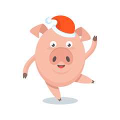 Funny merry pig in Santa Claus hat, a character for greeting cards and advertising for Christmas and New Year.