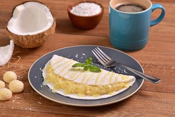 Tapioca filled with coconut brigadeiro and condensed milk