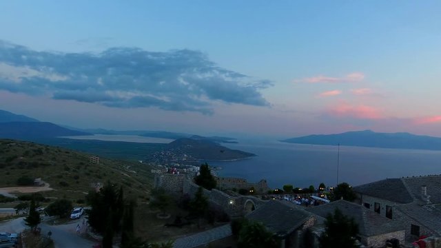 Aerial view Lekuresi Castle in Sarande or Saranda, Albania, Europe. Sundusk coastline and city Saranda.