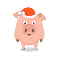 Funny merry pig in Santa Claus hat, a character for greeting cards and advertising for Christmas and New Year.