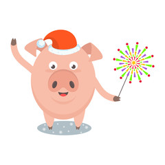 Funny merry pig in Santa Claus hat with fireworks, a character for greeting cards and advertising for Christmas and New Year.