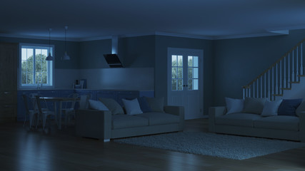 Modern house interior. Night. Evening lighting. 3D rendering.