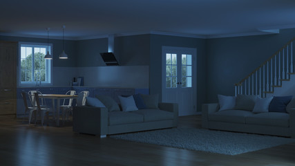 Modern house interior. Night. Evening lighting. 3D rendering.
