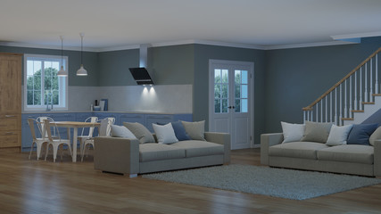 Modern house interior. Night. Evening lighting. 3D rendering.