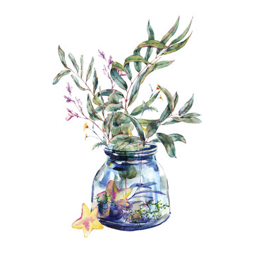 Watercolor glass  jar with bouquet of green leaves