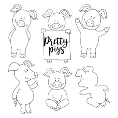 Pig collection set. Set banner happy new year greeting card. Cut