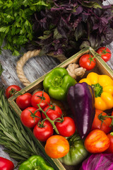 Set of different fresh raw colorful vegetables in the wooden tray