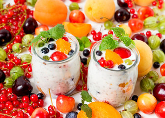 Vegan yogurt chia seeds  on white table with berries.