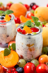 Vegan yogurt chia seeds  on white table with berries.