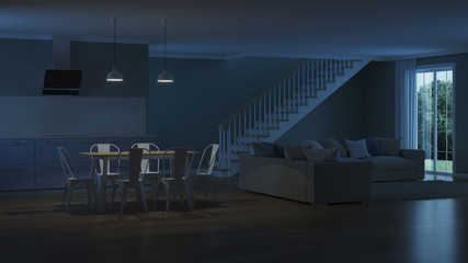 Modern house interior. Night. Evening lighting. 3D rendering.