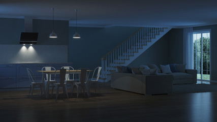 Modern house interior. Night. Evening lighting. 3D rendering.
