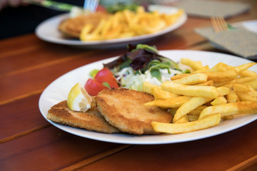 Zwei Teller mit Schweinefleisch Schnitzel Wiener Art dazu Pommes und Salat im Biergarten Restaurant