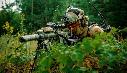 Airsoft man with optical sight gun. Soldier lay on hill in the forest.