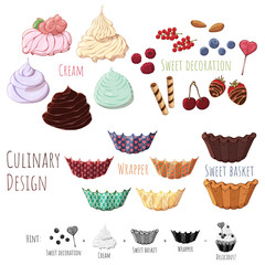 Group of vector colorful illustrations on the sweets theme; set of isolated products for cooking sweet baskets. Pictures contain realistic shadows and glare.