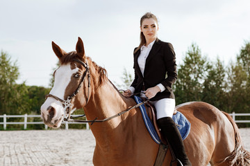 Fototapeta premium Rider elegant woman riding her horse outside
