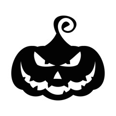 Vector halloween angry pumpkin black icon. Halloween party sign, emblem or logo. Design elements for advertising and promotion. Flat cartoon illustration. Objects isolated on white background.