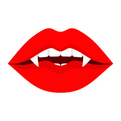 Sexy red female vampire lips. Halloween party character. Design elements for advertising and promotion. Flat vector cartoon illustration. Objects isolated ongreen background.