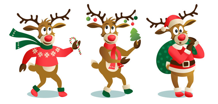 Cute and funny Christmas reindeers, cartoon vector illustration isolated on white background, reindeer with Christmas tree, gifts and dancing, having fun, decoration elements.