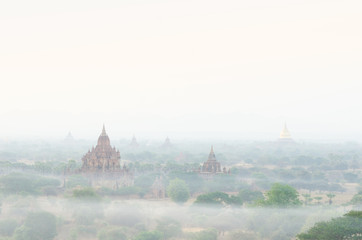 Temples and Pagodas in morning mist, Bagan, Myanmar.