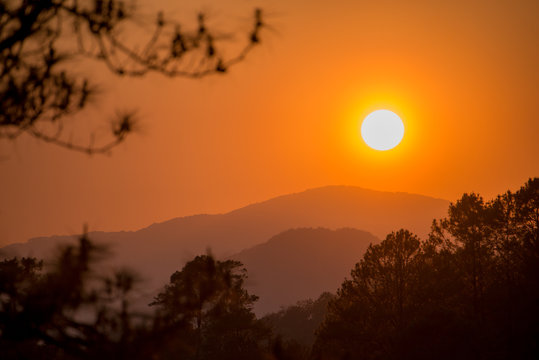 sunset and silhouette mountain forest 