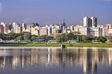 Obraz premium Sao Paulo, Brazil, February 19, 2009. View of Sao Paulo city from Ibirapuera Park. The Ibirapuera is one of Latin America largest city parks. Brazil