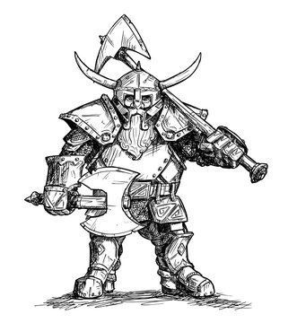 Vector artistic pen and ink doodle drawing illustration of fantasy dwarf warrior in horned helmet and heavy armor and holding two axes.