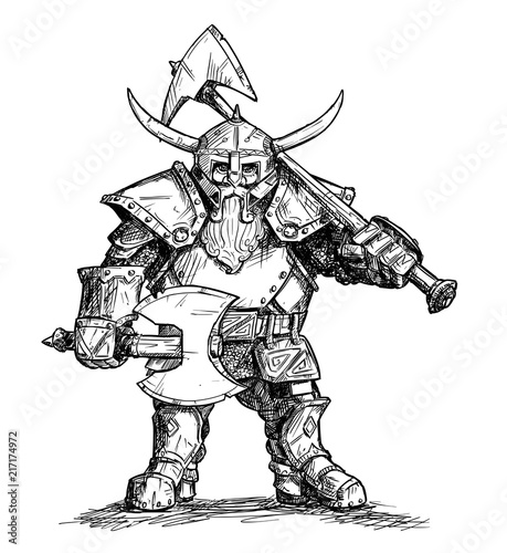 Pen And Ink Illustration Of Viking Warrior With Axe And