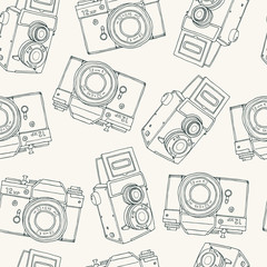 Seamless pattern with old vector retro hand drawn sketch hipster photo camera. Vintage doodle kids illustration for design, print for t-shirt, poster, card, wrapping paper. Twin lens. Minimalism.