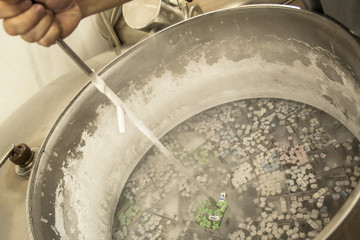 Worker handles frozen bovine semen inside a container with liquid nitrogen in an artificial insemination lab.