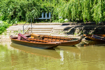 Germany, Two punt boats on neckar river in university town  Tuebingen