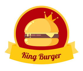 King burger illustration. Vector cheeseburger with crown. Dlicious fresh burger icon. Menu concept.