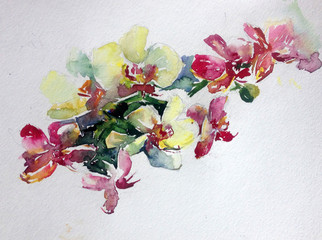 Abstract bright colored decorative background . Floral pattern handmade . Beautiful tender romantic bouquet off orchid flowers   , made in the technique of watercolors from nature.