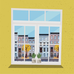 Window with view of houses on street with road in town and yellow trees, flying leaves. Autumn interior with plants and yellow wallpaper. Sunny good weather outside. Flat cartoon vector illustration.
